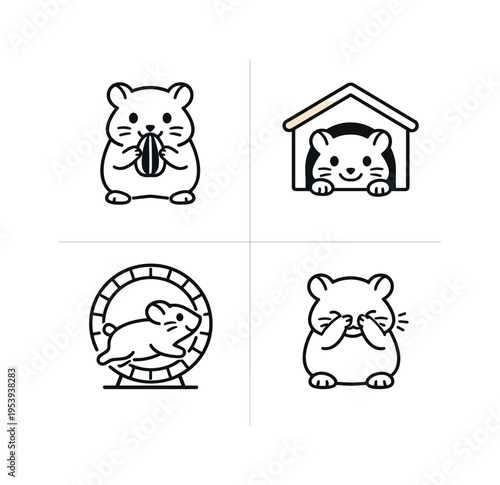 Cute hamster pet activities showing common behaviors of small domestic rodents that are popular companion animals in homes and classrooms, illustrated as four simple icons
