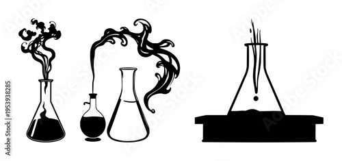 Alchemical beaker set with solid black silhouette and swirling smoke featuring occult science, sharp detail, black and white illustration with mythology and chemistry