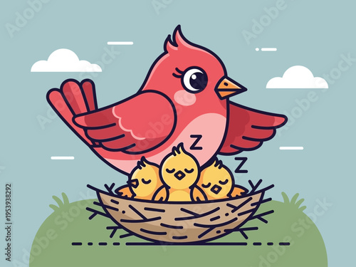 Cute mother bird sleeping with her chicks in a nest.