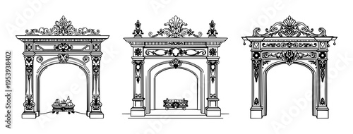 Victorian fireplace mantel set with ornate line art design featuring imperial, detailed engraving, flourishes with historical and decorative