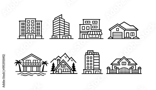 Property investment structures: rental apartment block, commercial office building, mixed use building, suburban family house, beachfront house, mountain cabin, city penthouse