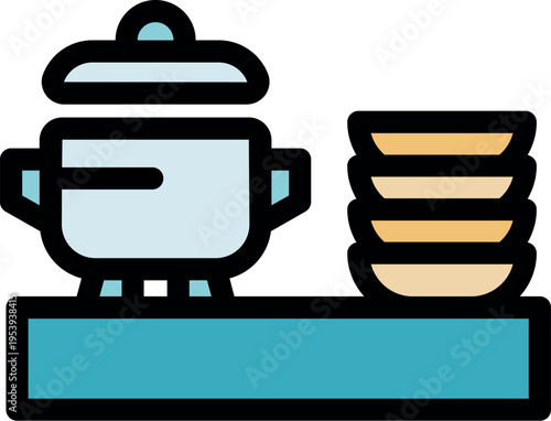 Saucepan simmering on stove next to stack of clean bowls, ready for serving a delicious meal