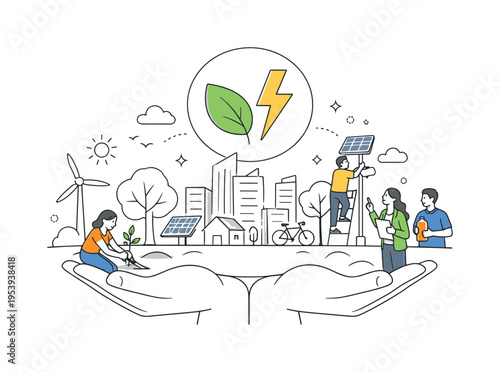 Urban sustainability and green city planning concept illustrating people improving city living conditions through eco-friendly initiatives, using a city skyline combined with trees