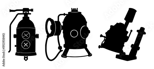 Vintage deep-sea diving bell set with solid black silhouette on white background featuring underwater exploration, maritime, nautical with historical and industrial design