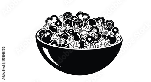 A black and white illustration depicts a bowl brimming with various pasta shapes and ingredients