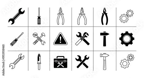Minimalist flat vector illustration set of tools and maintenance icons arranged in a clean grid layout.
