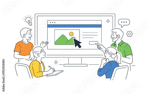 Creative professionals presenting ideas using a screen frame monitor while teammates evaluate digital visuals and plan improvements, representing collaborative design thinking and