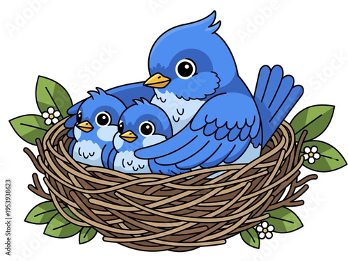 Cute Blue Bird Family Nestled Together in a Cozy Nest.