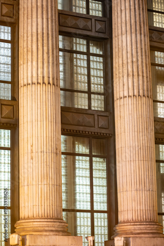 Neoclassical building columns with glass block windows