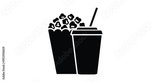 A simple black and white illustration depicts a container of popcorn and a beverage with a straw