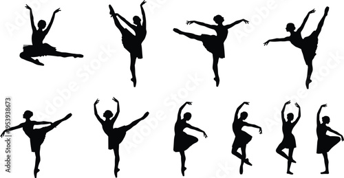 Collection of ballerina silhouette dancers performing elegant ballet poses, graceful movement, classical dance art, flexibility and performance isolated on white background