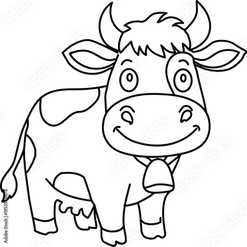 A cheerful cartoon cow with a bell around its neck and a happy face