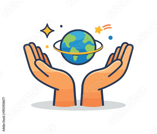 Spiritual and cosmic symbolism concept representing connection between human intuition and the vast universe through a calm mystical visual metaphor, two open hands gently holding