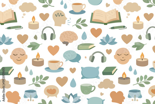 Self care and therapy seamless pattern for mental wellness and mindfulness themes featuring journal, pen, tea cup, candle, leaf branch, lotus, calm face, breathing icon, heart,