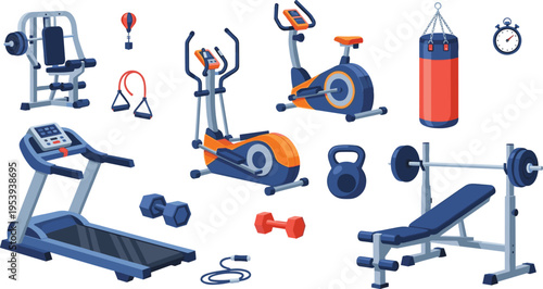 Gym Fitness Equipment Icon Set Featuring Treadmill Dumbbells Kettlebell Exercise Bike Bench Punching Bag and Training Gear Vector Collection