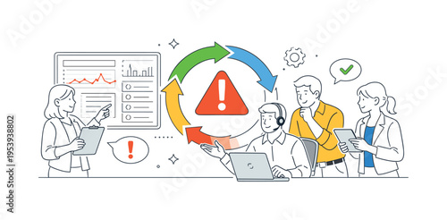 IT operations team coordinating incident management during a system disruption while analyzing alerts and planning rapid response actions to restore stability, representing