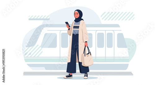 Muslim Woman Waiting for Train with Smartphone and Bag
