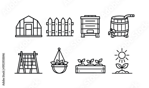 Garden environment elements: greenhouse structure, garden fence, compost bin, rainwater barrel, plant trellis frame, hanging plant pot, garden bed box, sun over plant