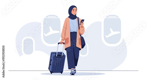 Muslim woman with suitcase and phone walking in airplane cabin, ready for travel