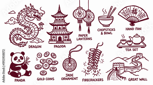 Hand drawn Chinese culture icons set featuring traditional symbols and landmarks