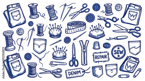 Hand drawn sewing and tailoring tools set with denim clothing elements