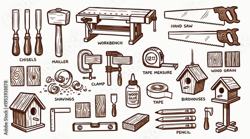 Hand drawn woodworking tools and carpentry equipment set