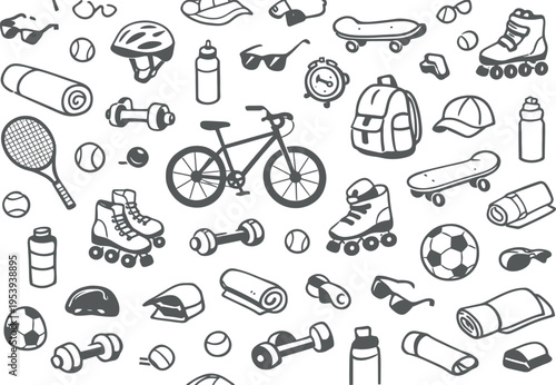 Outdoor sports gear sketch seamless pattern for active lifestyle and recreation themes featuring bicycle, helmet, skateboard, roller skates, backpack, water bottle, sunglasses, cap