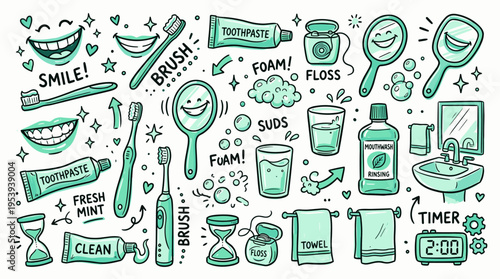 Dental hygiene doodle set with toothbrushes toothpaste and oral care icons