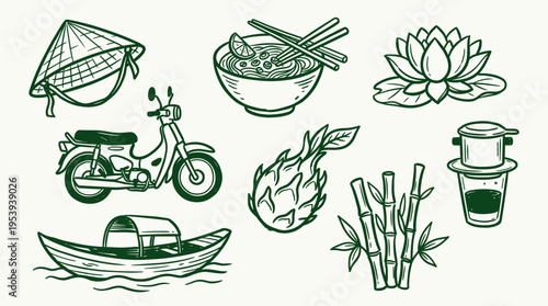 Set of hand drawn Vietnam travel icons and cultural symbols