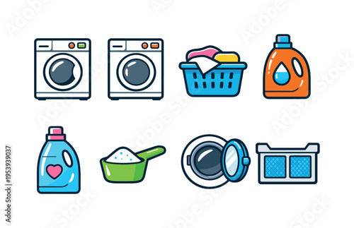 Laundry appliance symbols: washing machine front loader, clothes dryer machine, laundry basket with clothes, detergent bottle, fabric softener bottle, washing powder scoop, washing