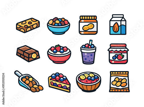 Berry and nut snacks: granola bar with nuts, trail mix bowl, peanut butter jar, almond milk carton, hazelnut chocolate piece, yogurt with berries bowl, smoothie with berries glass