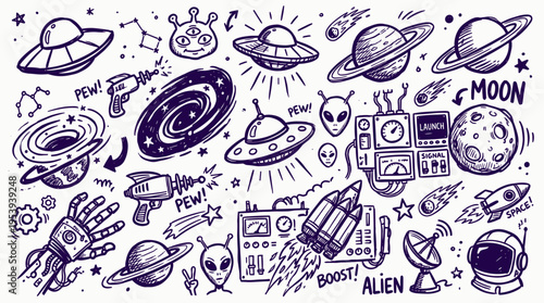 Space doodle set with planets ufo rockets and alien characters