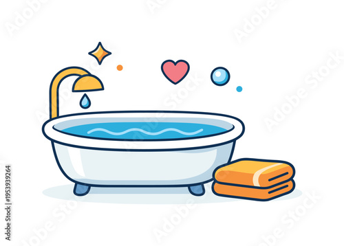 Personal self care routine focused on relaxation and mental recovery after a long working day at home, a simple bathtub with gentle water and a folded towel beside it symbolizing