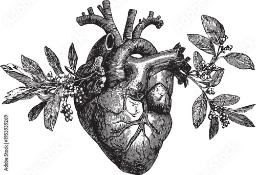The human heart, olive branches and leaves sprouting from arteries, tattoo stencil design, vector illustration.