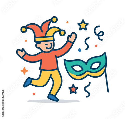 Carnival festival street performance and playful celebration energy during seasonal festivities, a cheerful jester hat beside a festive mask creating a simple visual metaphor for