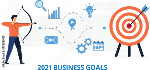 Businessman Aiming Arrow at Target Board Representing Business Goals Strategy and Success Vector Illustration