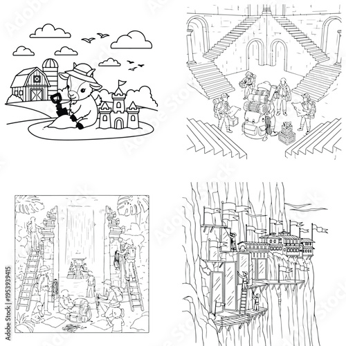 Snowman with shovel building sand castle on beach with farm background with black and white