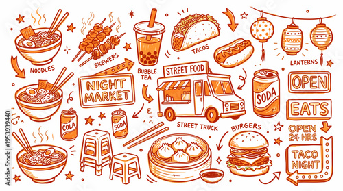 Doodle set of street food and night market snacks in orange line art style