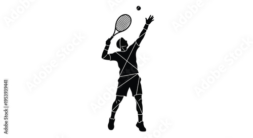 A striking black silhouette depicts a tennis player preparing to serve the ball upward