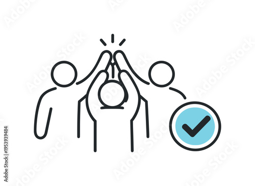 Startup team encouragement and supportive peer recognition during daily workflow coordination and productivity growth, three minimal figures forming a high five gesture beside a