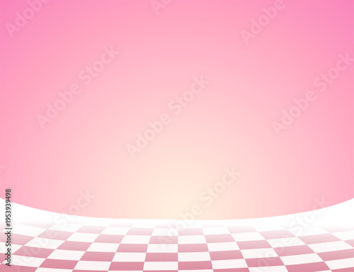 Soft pink gradient abstract background with curved wall and checkered floor perspective, ideal for product display, presentation, and minimal studio backdrop. Vector illustration