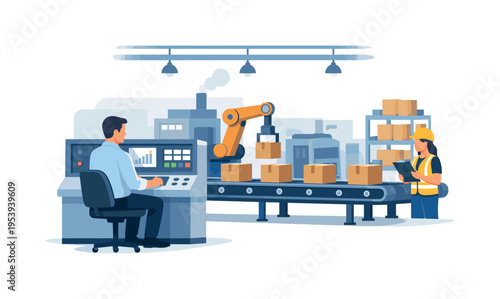 Industrial production and modern manufacturing workflow inside a factory environment, a simplified factory building with a conveyor belt moving finished products while a