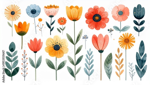 Whimsical Watercolor Floral Collection with Hand-Painted Stylized Flowers and Leaves on White Background