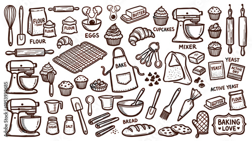 Baking tools and ingredients hand drawn doodle set