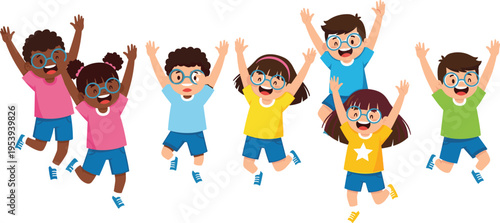 Happy diverse kids jumping together cartoon illustration joyful multicultural children raising hands playful friendship education concept colorful vector character design