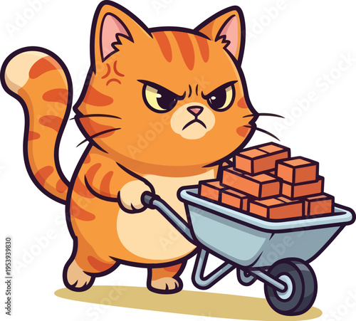 An orange cat pushing a wheelbarrow filled with bricks.