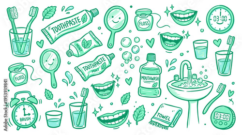 Dental hygiene and oral health care doodle elements set