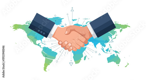 Illustration of two suited hands shaking over a colorful world map with connecting lines, symbolizing global partnership and geopolitic cooperation.