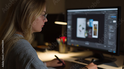 Focused Young Creative Woman Work on Computer Graphic Design Project in Dark Office at Night, Professional Digital Artist Concentration on Art