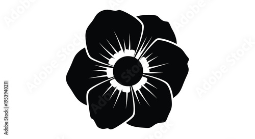 A striking black silhouette depicts a fully bloomed poppy flower with radiating internal details